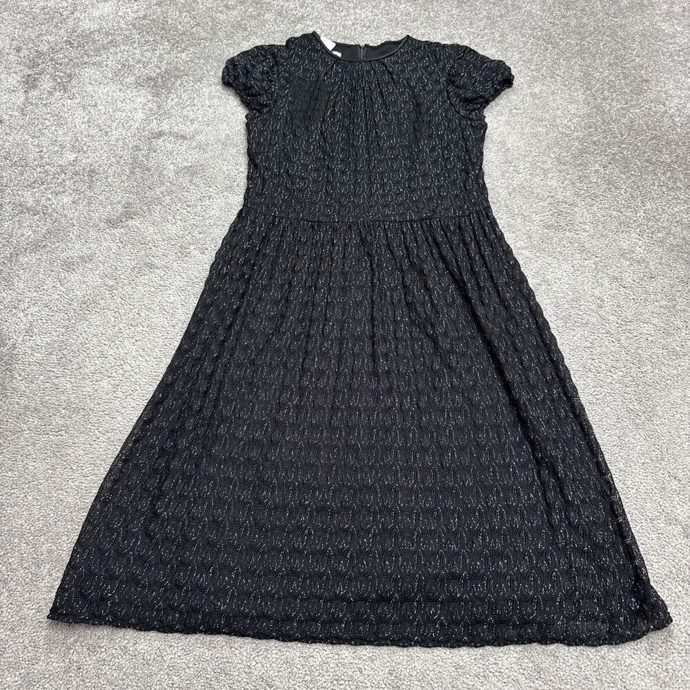 Maggy London Metallic Silk Textured Bubble Midi Dress Women 14 Black Puff Sleeve